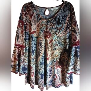 Stem & Vine Paisley Print Flared Sleeve Top Size 1X Boho Stretch Office Festival